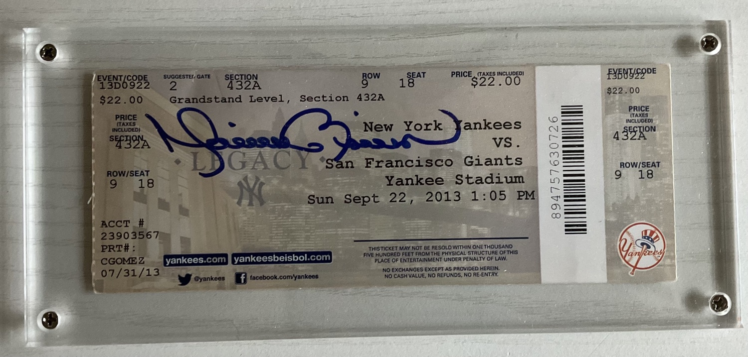 Mariano Rivera Signed Mariano Rivera Day Ticket Stub, Yankees vs. Giants, Sept 22, 2013 (JSA)
